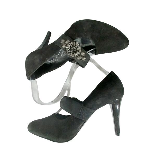 NWOT! TAHARI! BLACK GENUINE SUEDE LEATHER W/PATENT HEEL, BEADED DETAIL HEELS! 8M - Picture 8 of 11